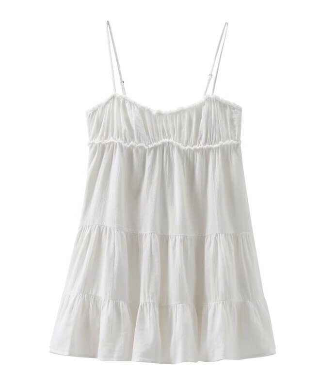 White Tiered Pleated Sling Dress