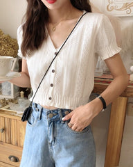 White V-Neck Short Sleeves Cardigan