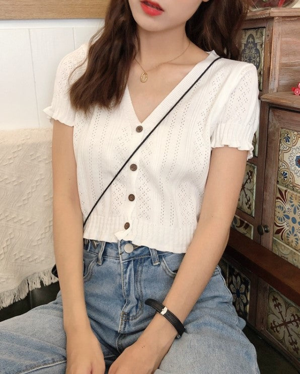 White V-Neck Short Sleeves Cardigan