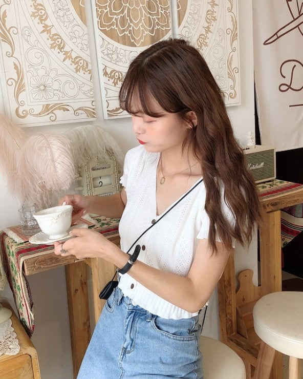 White V-Neck Short Sleeves Cardigan