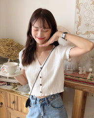 White V-Neck Short Sleeves Cardigan