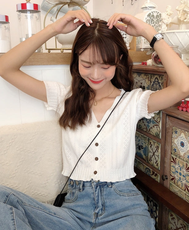 White V-Neck Short Sleeves Cardigan