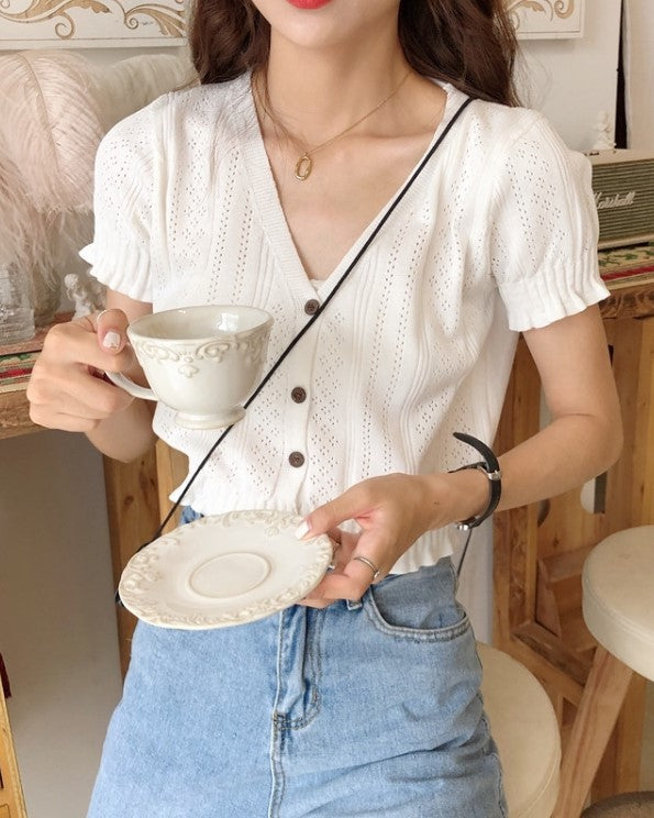 White V-Neck Short Sleeves Cardigan