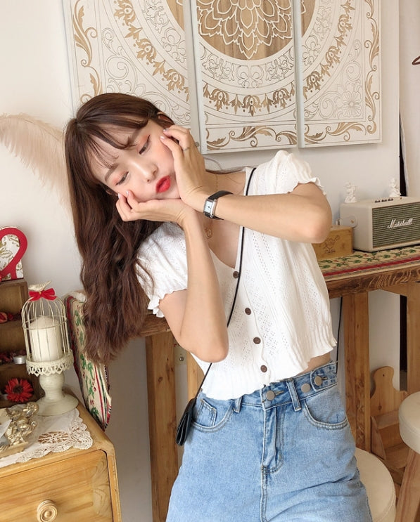 White V-Neck Short Sleeves Cardigan