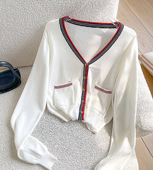 White V-Neck Knitted Cardigan With Contrasting Outlines