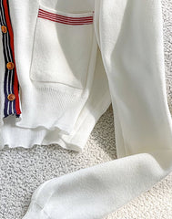 White V-Neck Knitted Cardigan With Contrasting Outlines