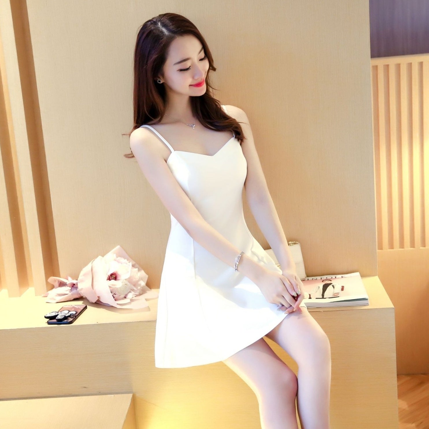 White V-Neck Sling Dress