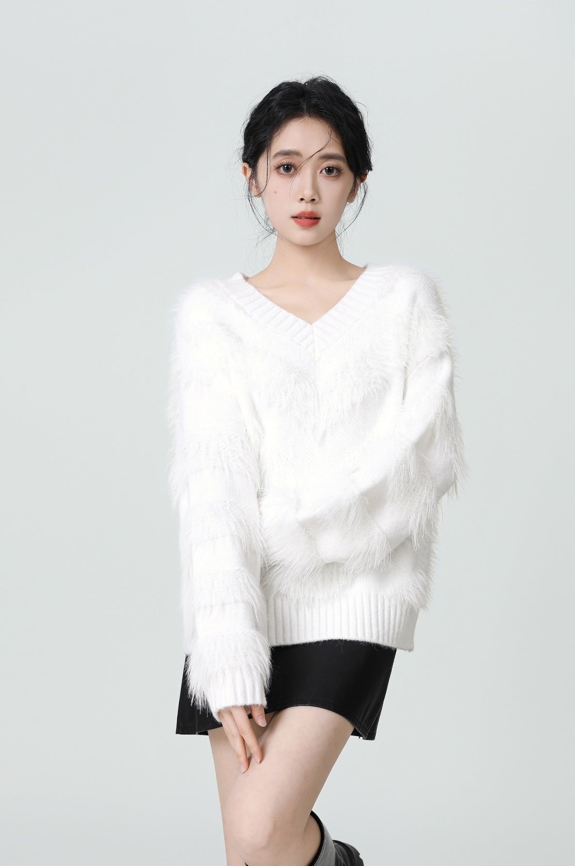 White Vneck Fuzzy Knit Sweater