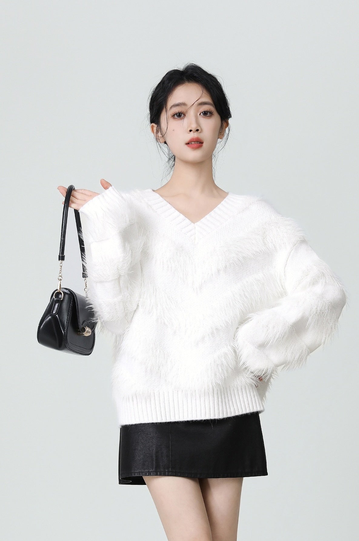 White Vneck Fuzzy Knit Sweater