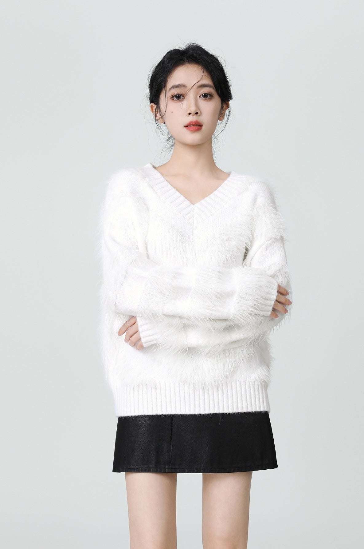 White Vneck Fuzzy Knit Sweater