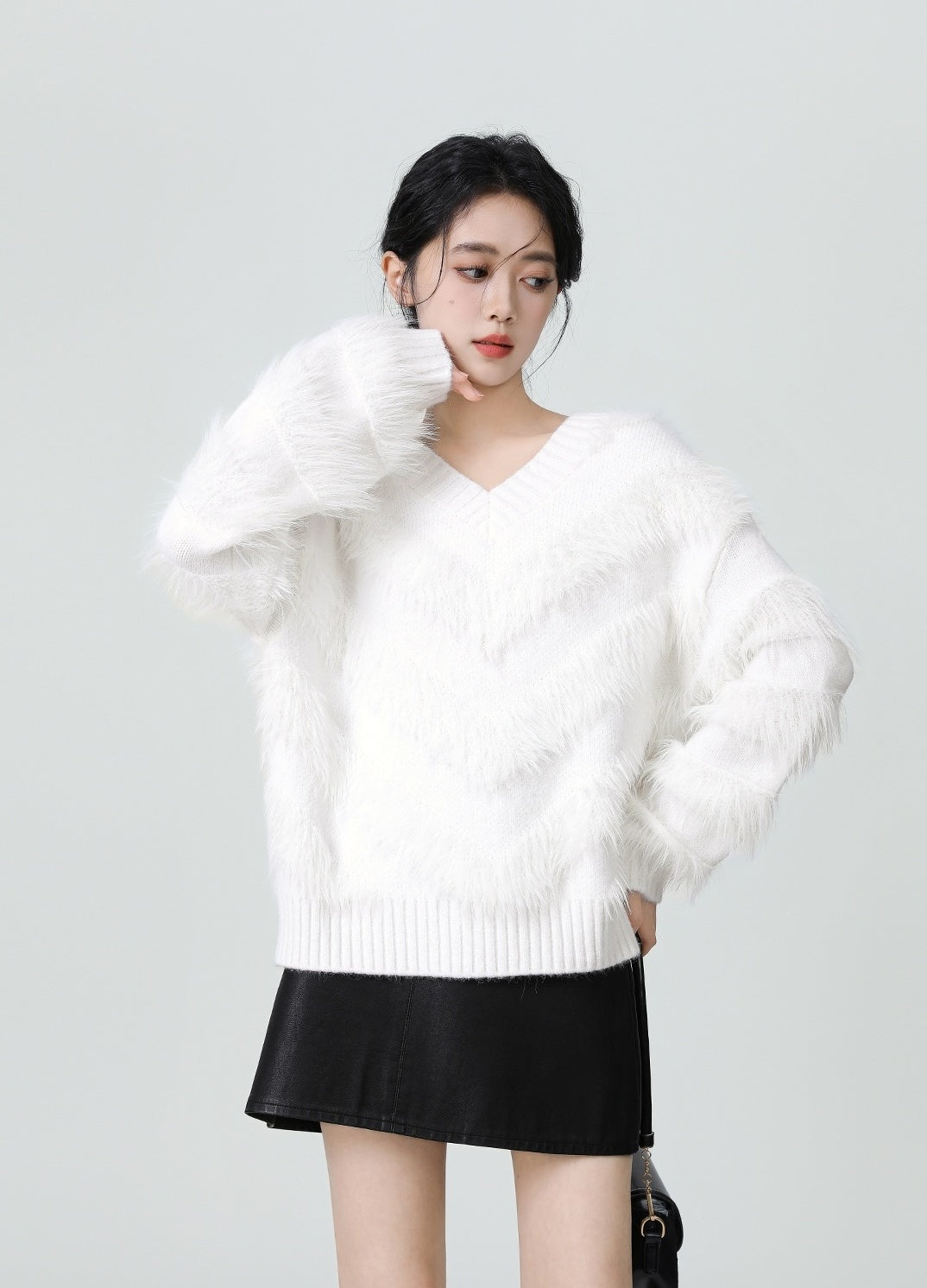 White Vneck Fuzzy Knit Sweater