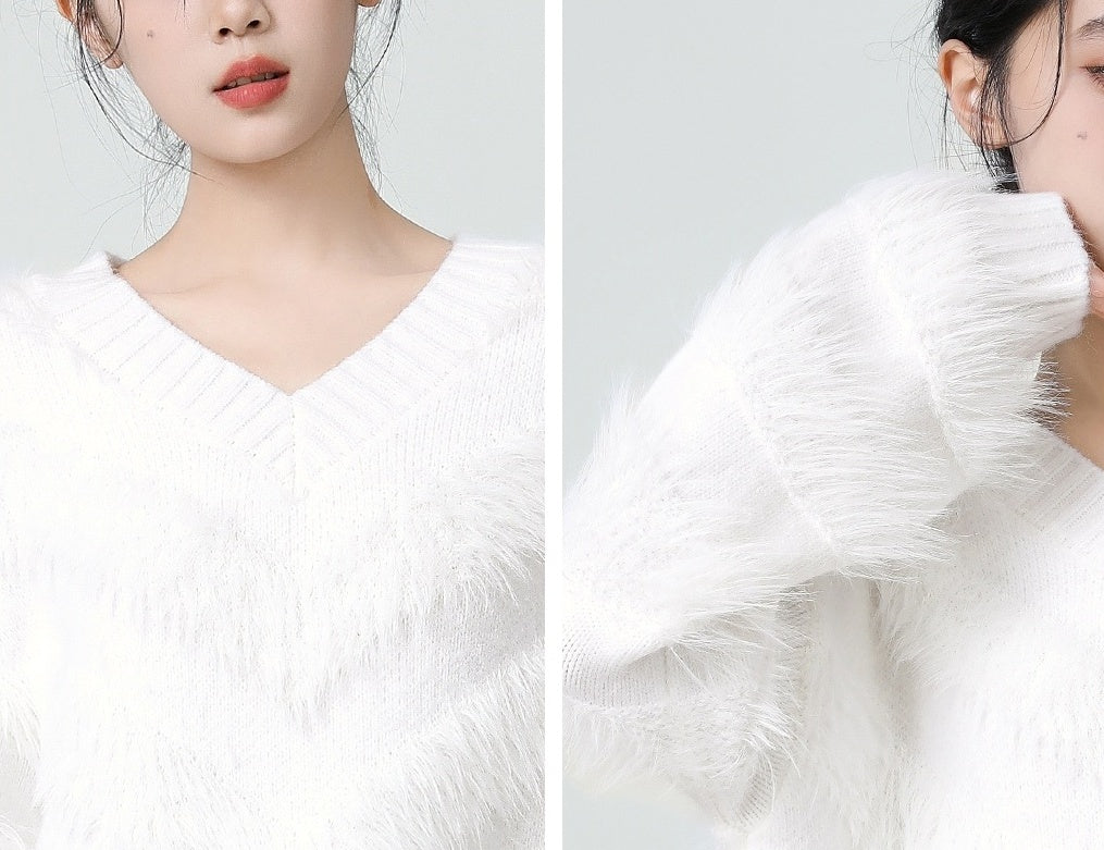 White Vneck Fuzzy Knit Sweater