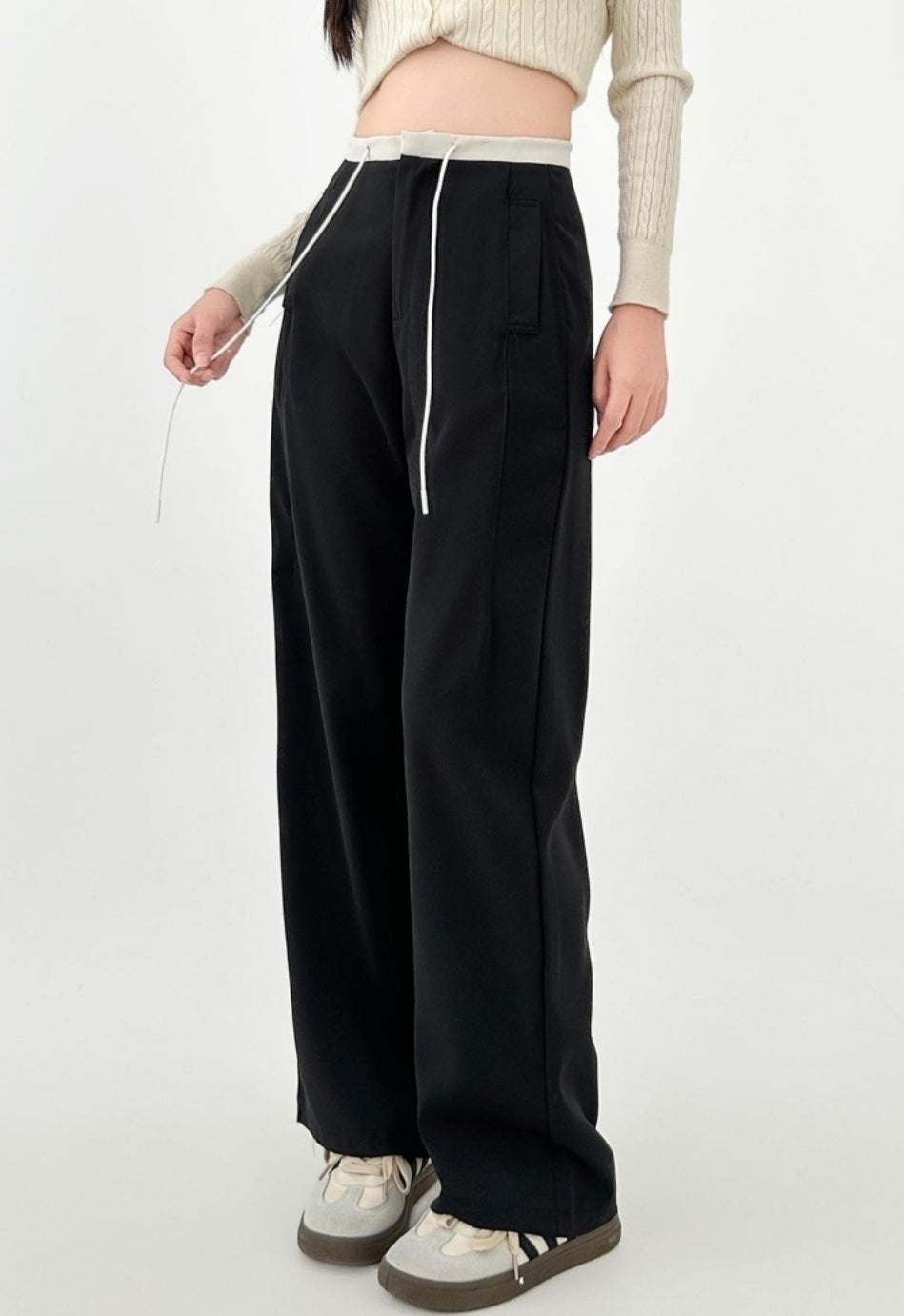 Wide Leg High Waist Black Casual Trousers