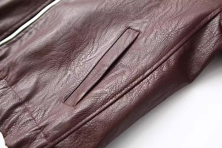 Wine Brown Faux Leather Zip-Up Jacket