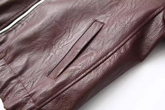 Wine Brown Faux Leather Zip-Up Jacket