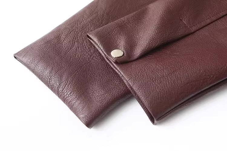 Wine Brown Faux Leather Zip-Up Jacket