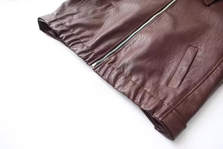 Wine Brown Faux Leather Zip-Up Jacket