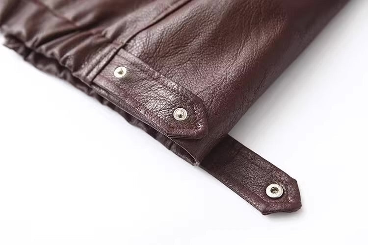 Wine Brown Faux Leather Zip-Up Jacket