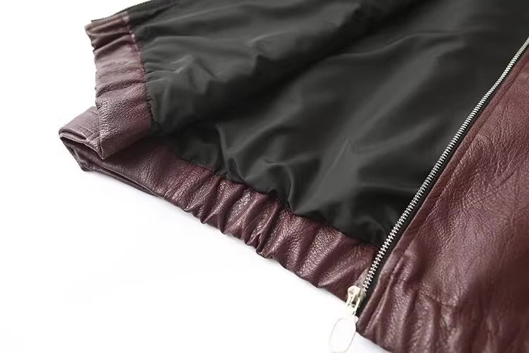 Wine Brown Faux Leather Zip-Up Jacket