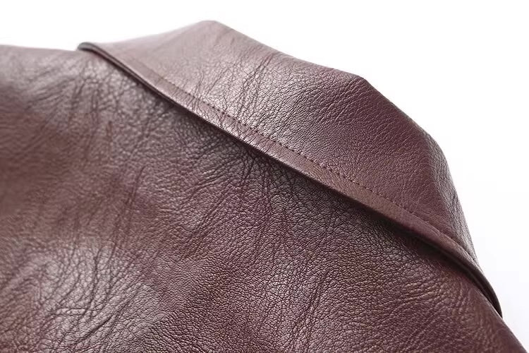 Wine Brown Faux Leather Zip-Up Jacket