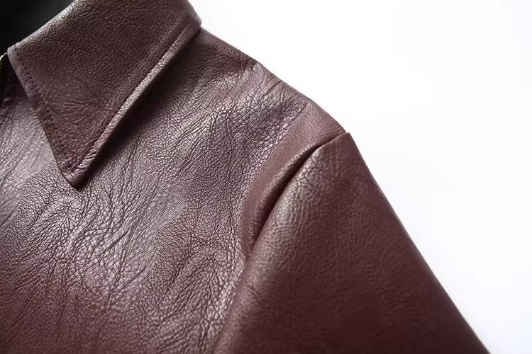 Wine Brown Faux Leather Zip-Up Jacket