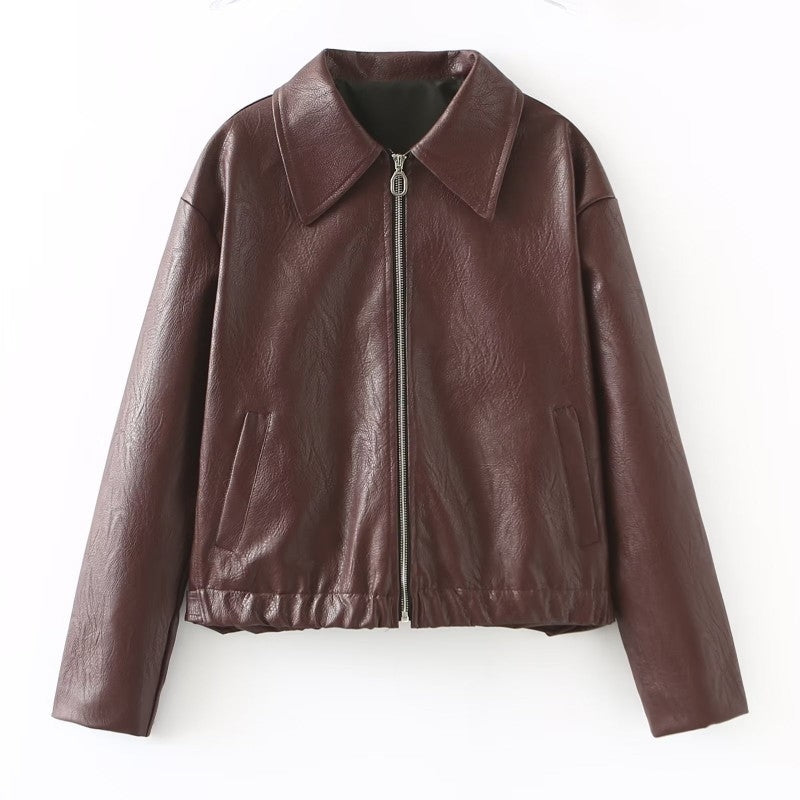 Wine Brown Faux Leather Zip-Up Jacket
