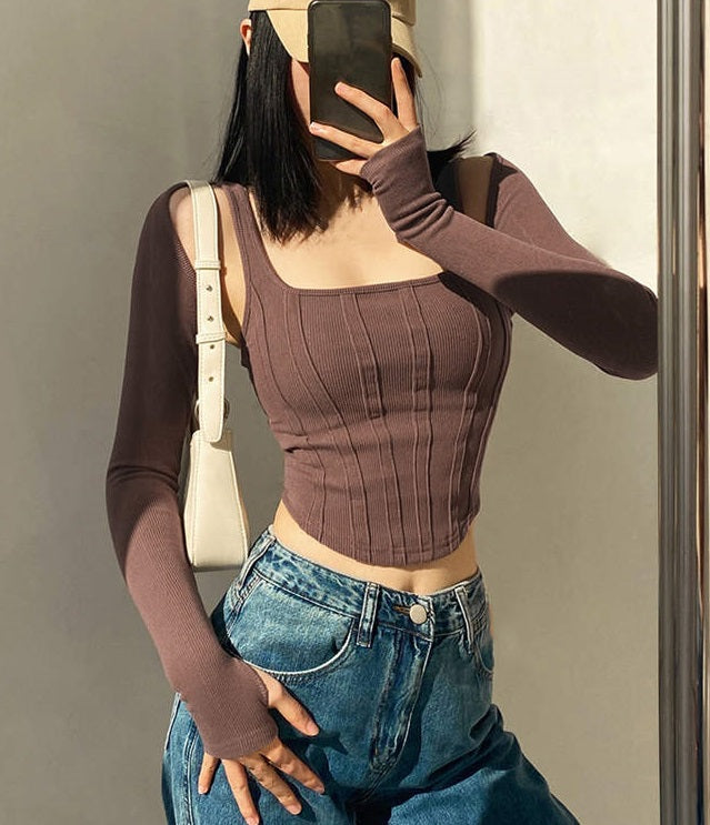 Brown Tank Top And Short Cardigan Set