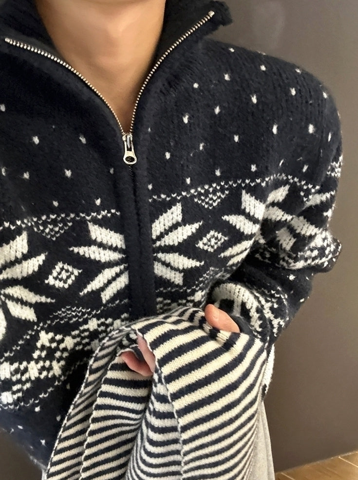 Winter Loose Double Zipper Knit Cardigan