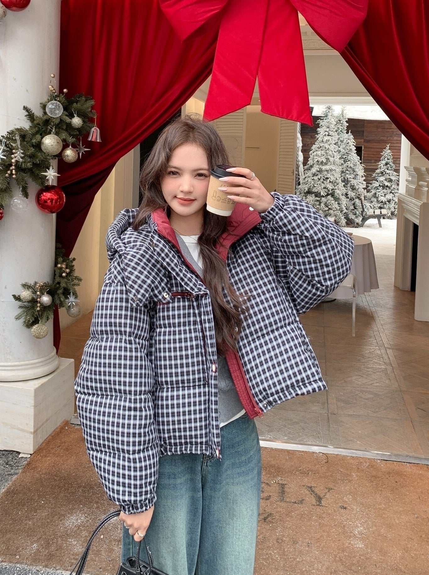 Winter Retro Colorblock Plaid Down Jacket