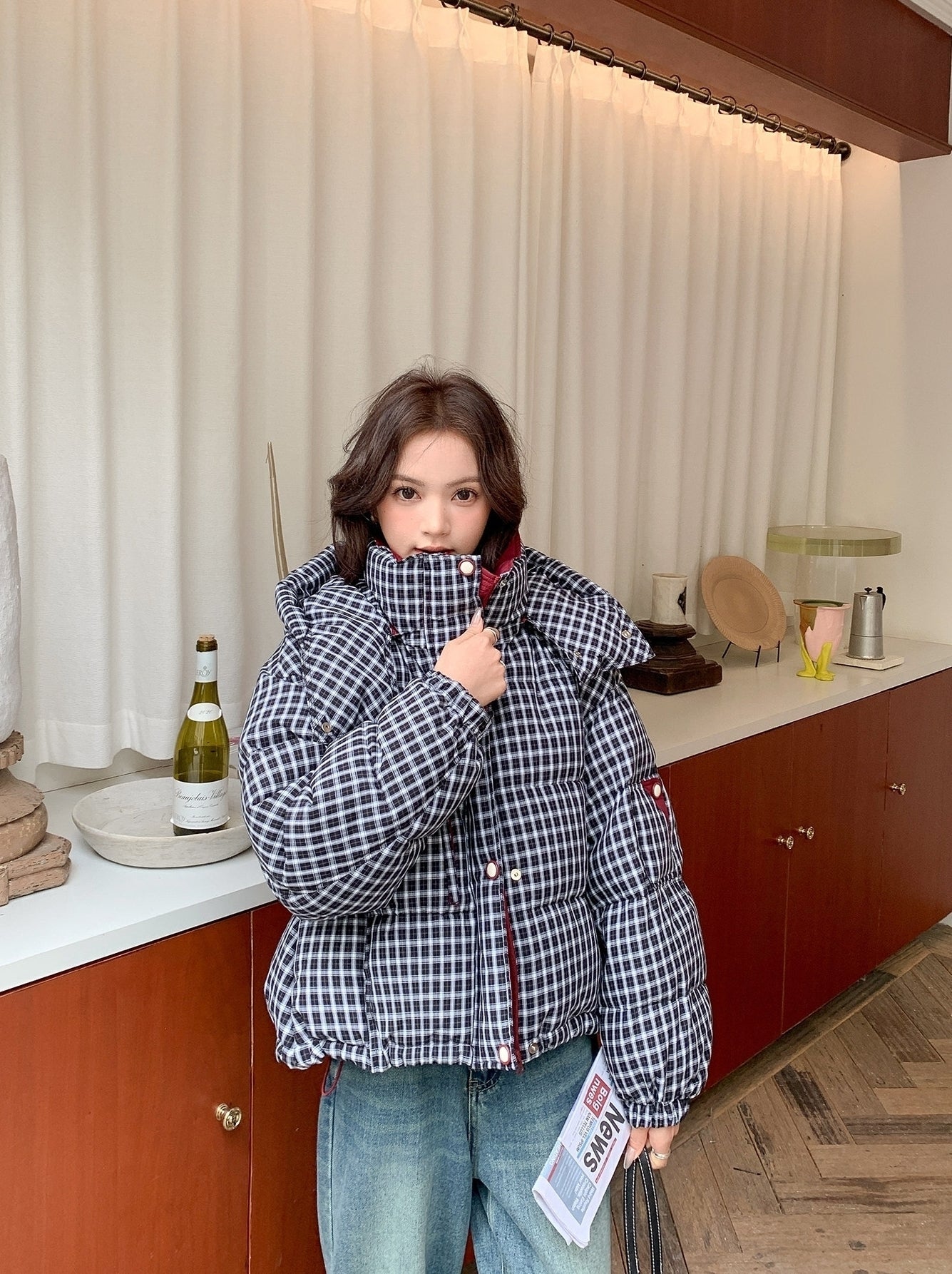 Winter Retro Colorblock Plaid Down Jacket