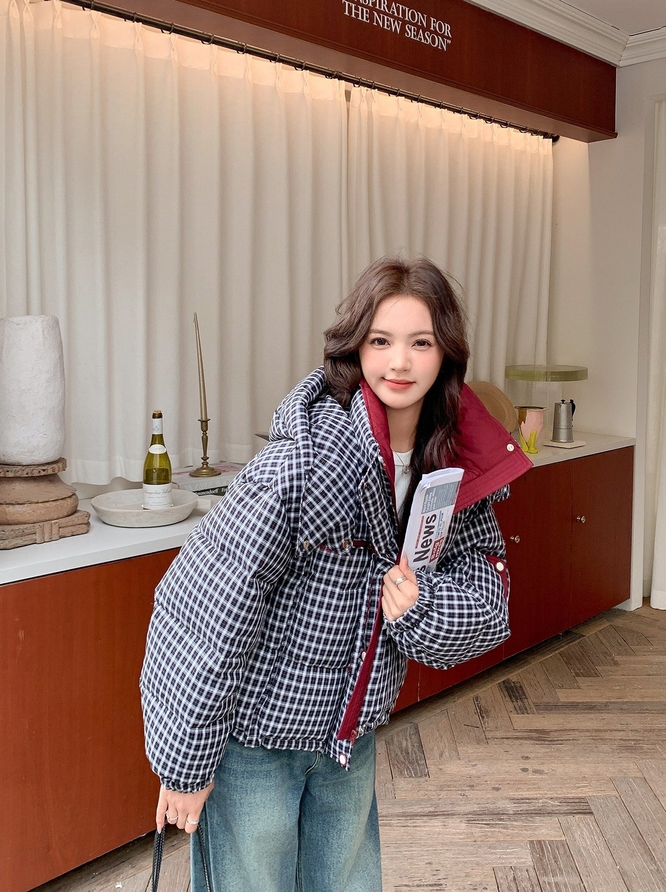 Winter Retro Colorblock Plaid Down Jacket