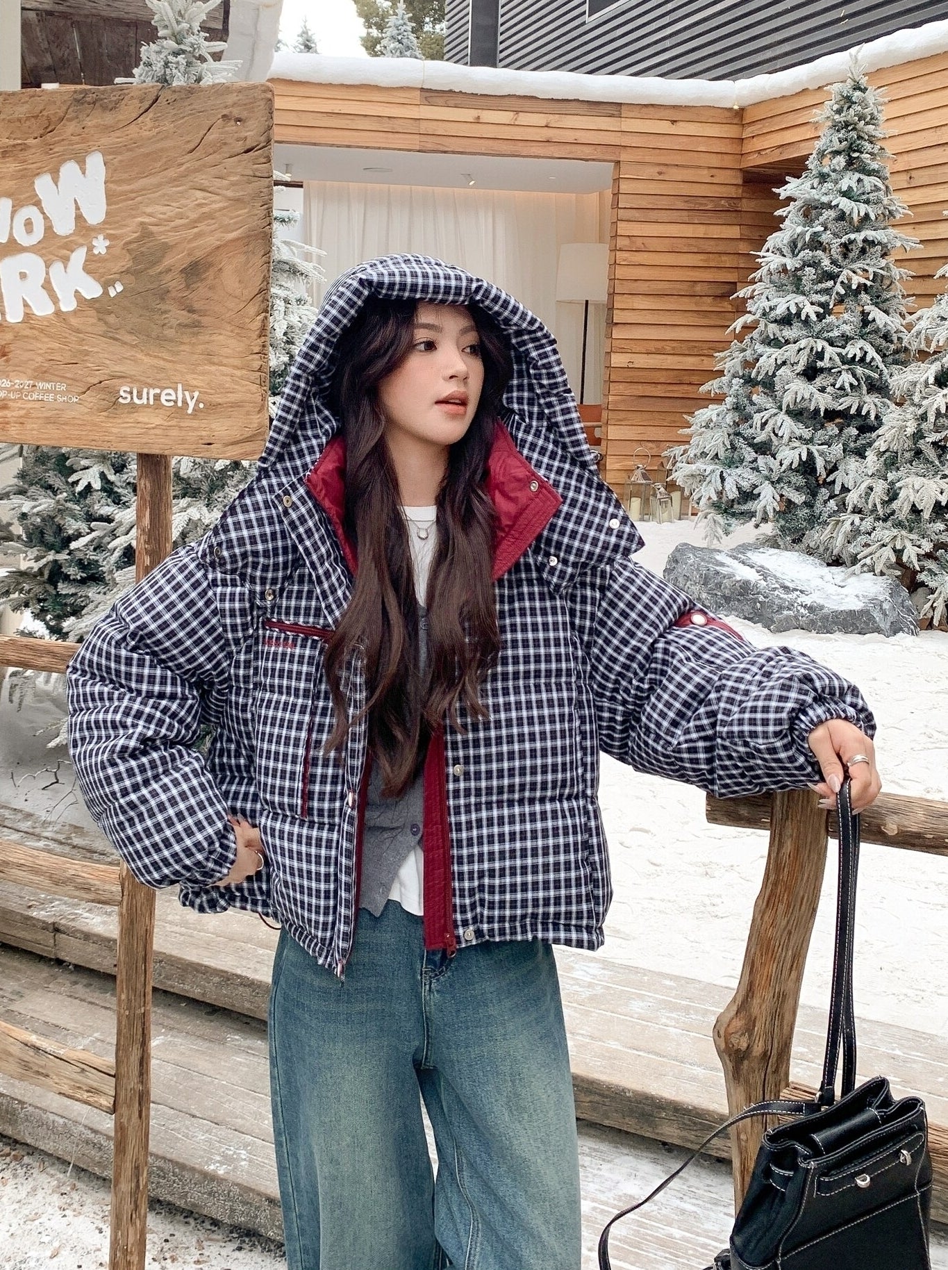 Winter Retro Colorblock Plaid Down Jacket