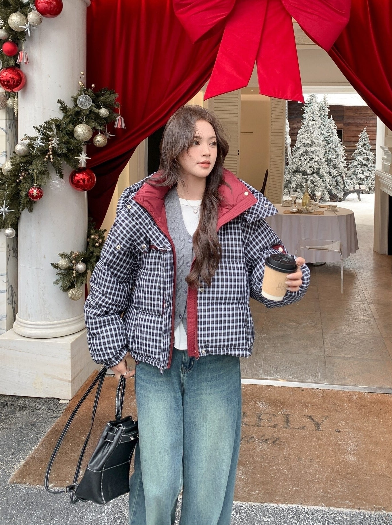 Winter Retro Colorblock Plaid Down Jacket