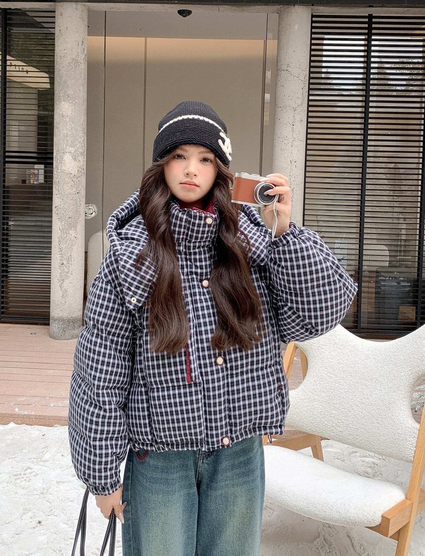 Winter Retro Colorblock Plaid Down Jacket