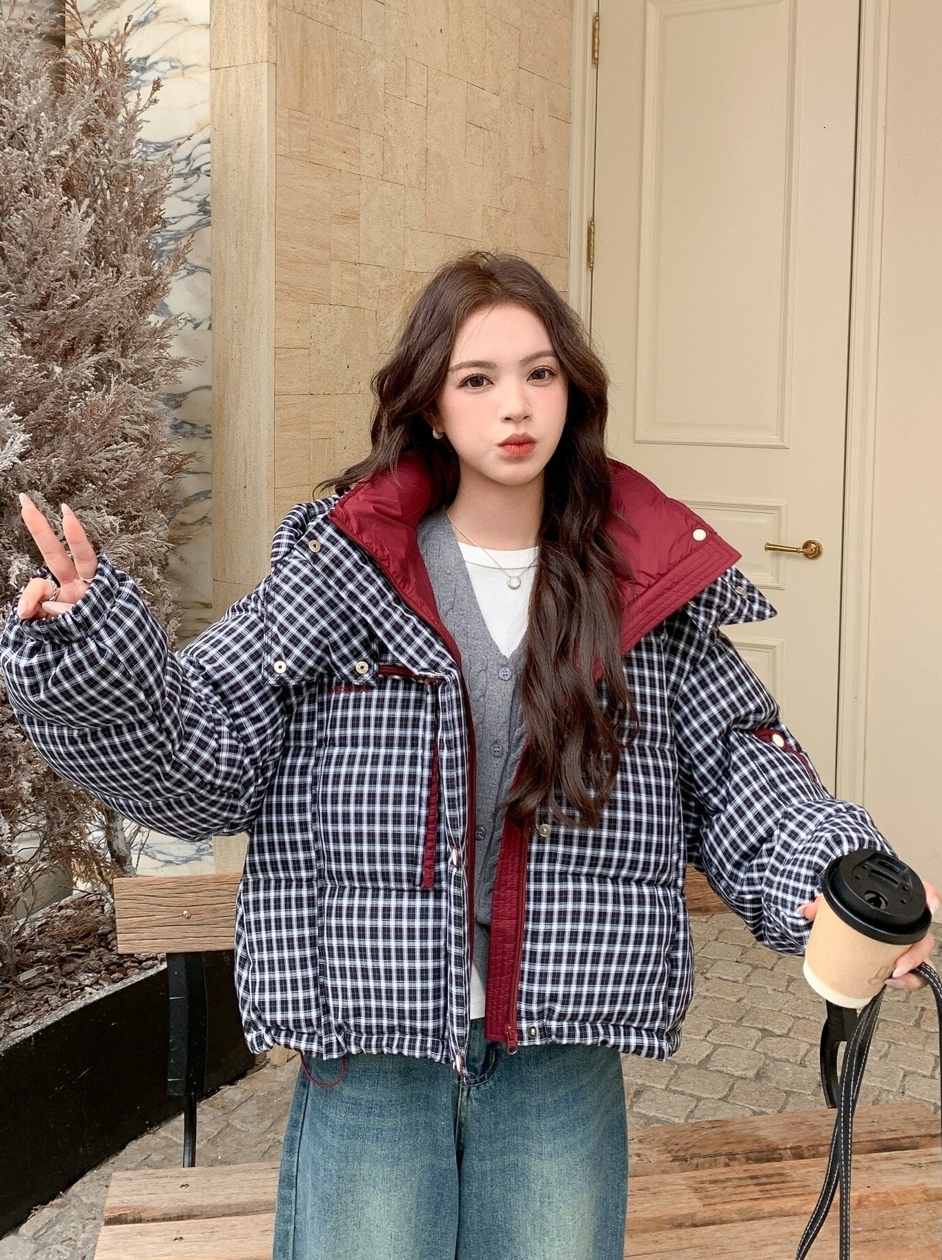 Winter Retro Colorblock Plaid Down Jacket
