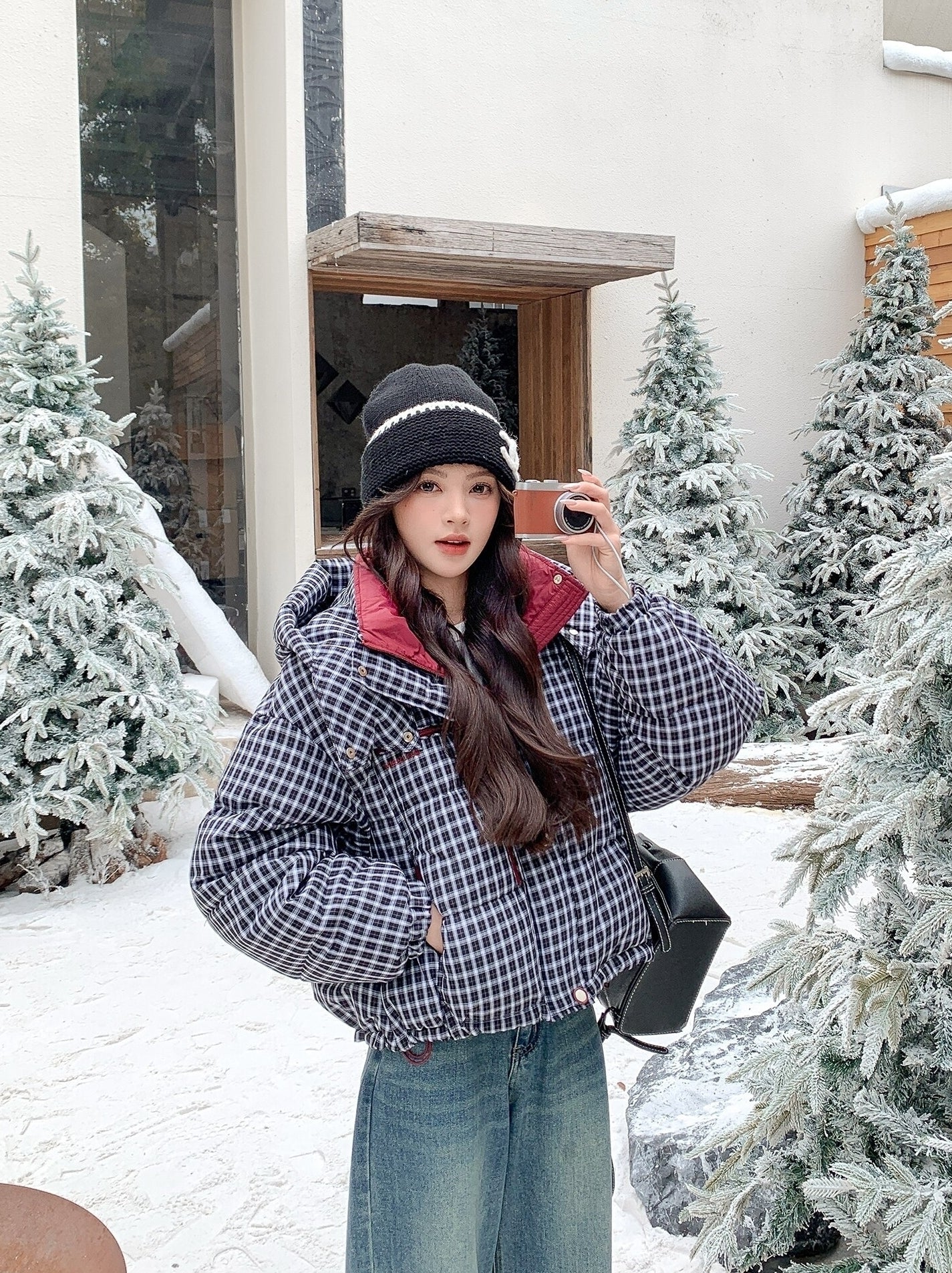 Winter Retro Colorblock Plaid Down Jacket