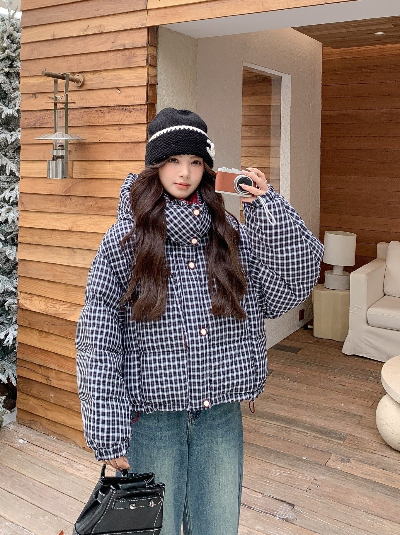 Winter Retro Colorblock Plaid Down Jacket