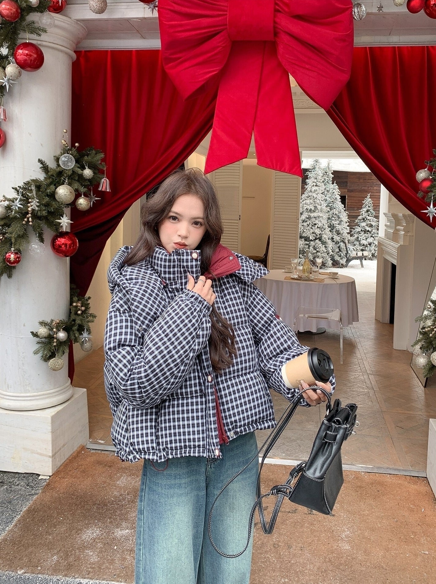 Winter Retro Colorblock Plaid Down Jacket
