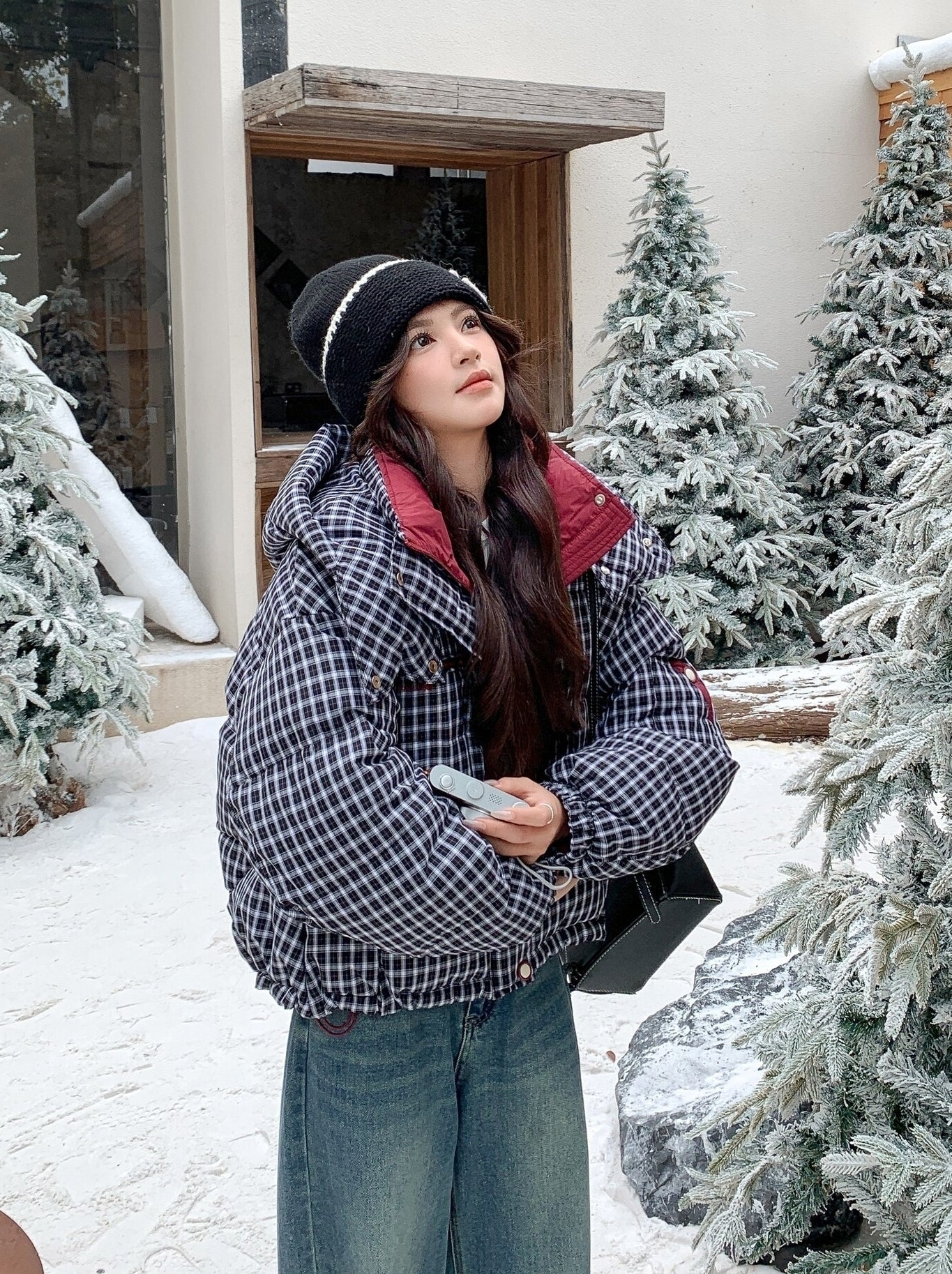 Winter Retro Colorblock Plaid Down Jacket
