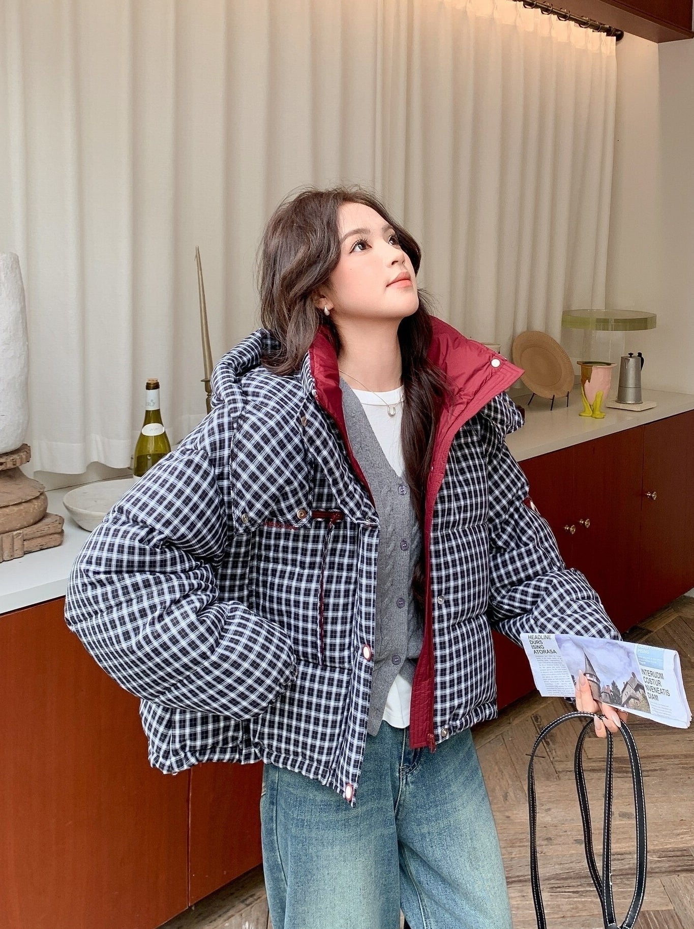 Winter Retro Colorblock Plaid Down Jacket