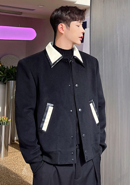 Black Leather Collar Wool Jacket