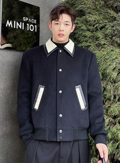 Black Leather Collar Wool Jacket