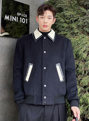 Black Leather Collar Wool Jacket