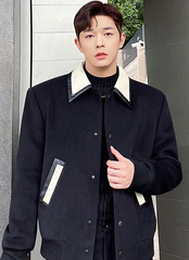 Black Leather Collar Wool Jacket