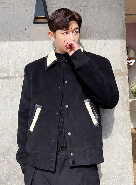 Black Leather Collar Wool Jacket