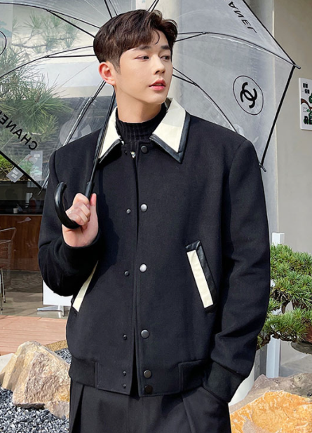 Black Leather Collar Wool Jacket