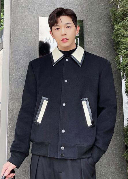 Black Leather Collar Wool Jacket