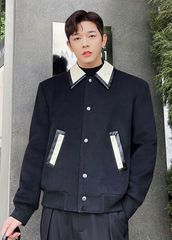 Black Leather Collar Wool Jacket
