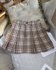 Brown Plaid Pleated Mini Skirt