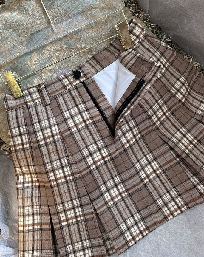 Brown Plaid Pleated Mini Skirt